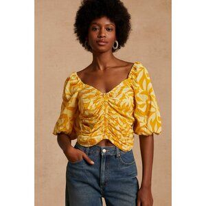 GAP Puff Sleeve Ruched Top Yellow Leaf Print Sweetheart Neck Size S Smocked